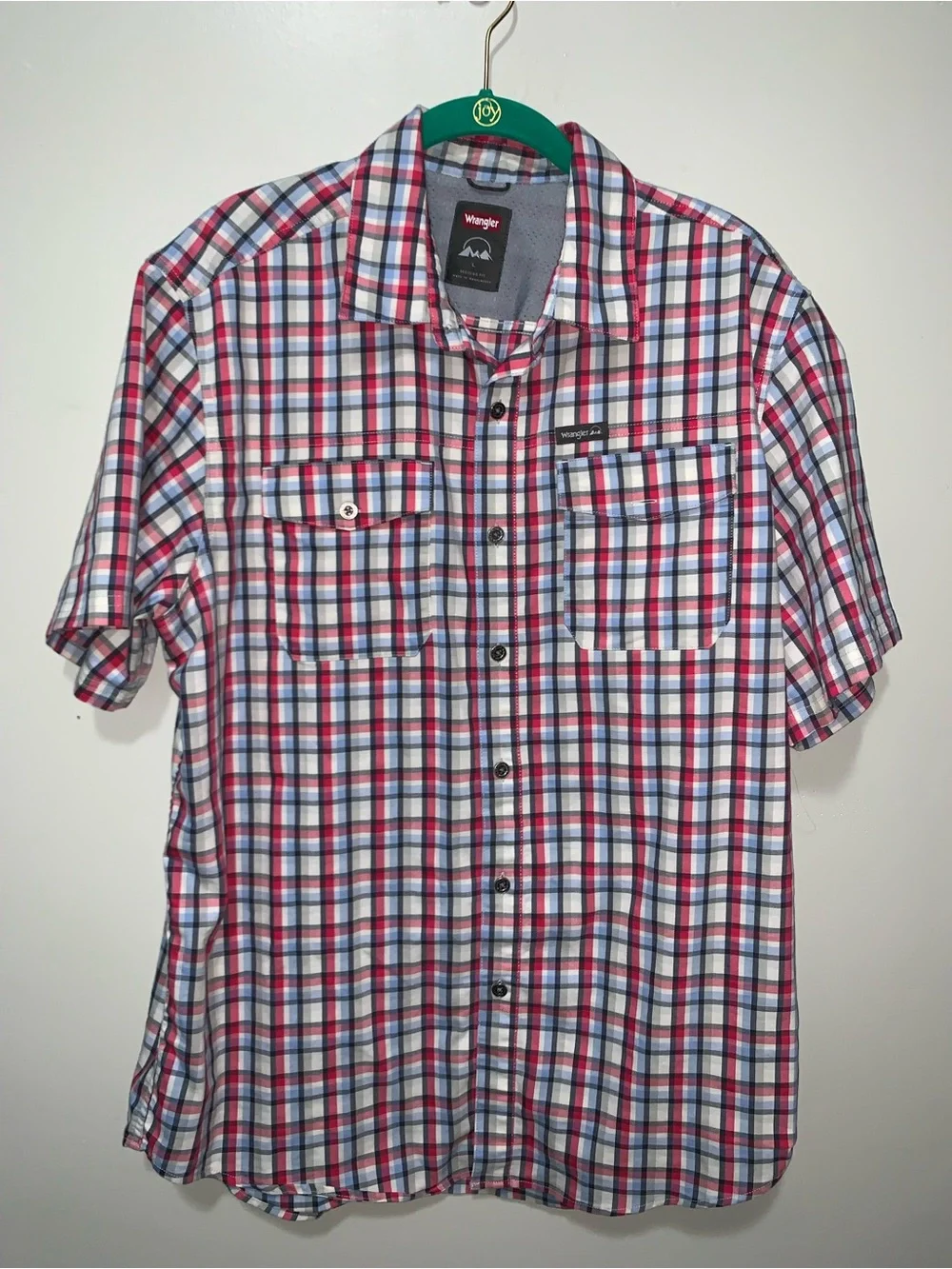 Wrangler Men’s Short-Sleeve Plaid Button-Down Shirt in Red, White, Blue